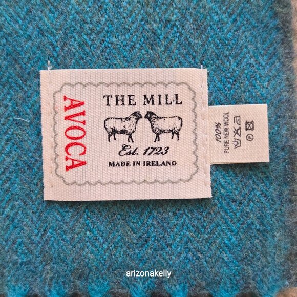 NWOT Avoca Wool Plaid Herringbone Blue Green Woven Scarf - Picture 2 of 14